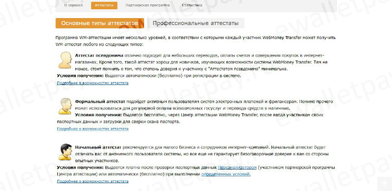 Информация по основным типам аттестатов Вебмани