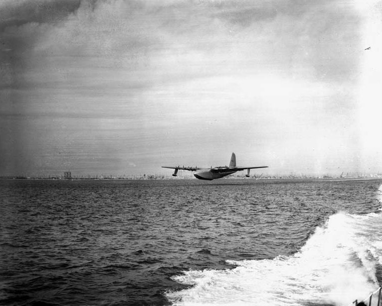 The Spruce Goose is slowly backed into the dome next to the Queen Mary.<br /><br />Port of Long Beach