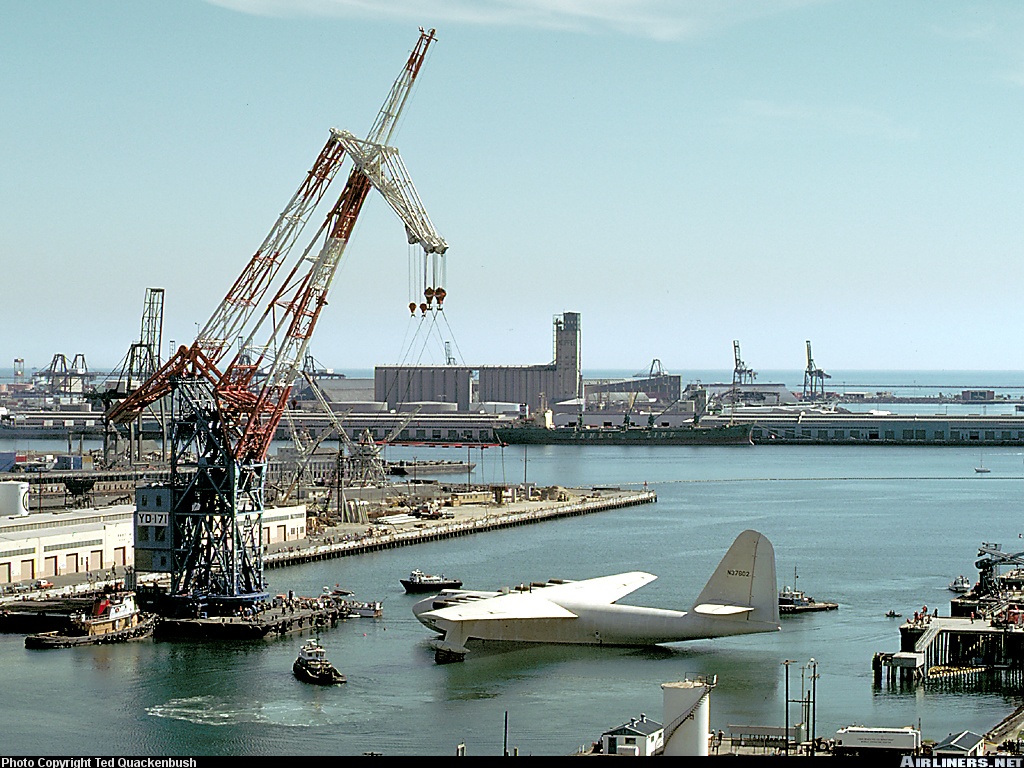 The Spruce Goose is slowly backed into the dome next to the Queen Mary.<br /><br />Port of Long Beach