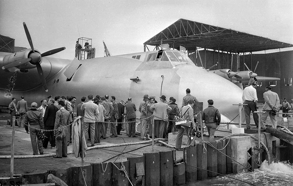 The Spruce Goose is slowly backed into the dome next to the Queen Mary.<br /><br />Port of Long Beach