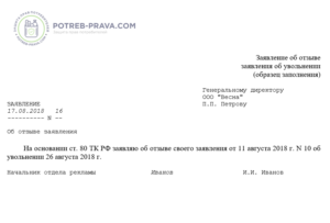 Образец заявления на увольнение на испытательном сроке по инициативе работника