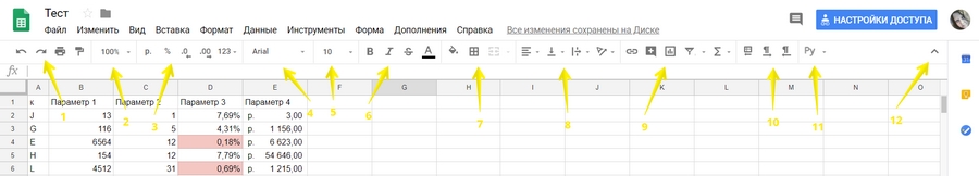 Панель инструментов в «Google Таблицах»