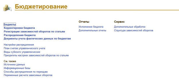 Интерфейс «WA: Финансист: Бюджетирование». Раздел Бюджетирование