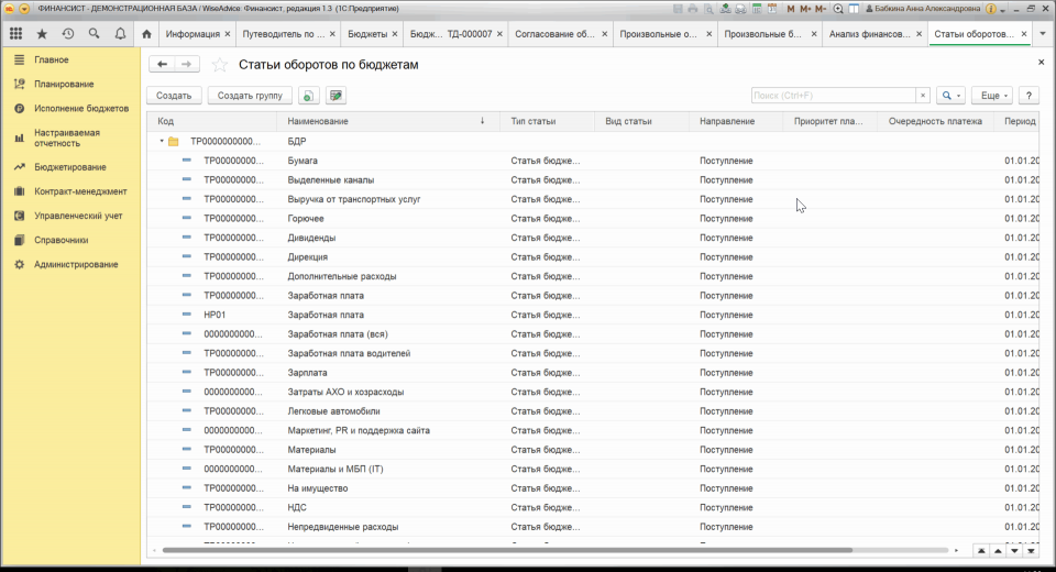 Пример классификации бюджетных статей в программе«WA: Финансист»