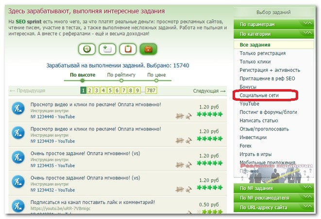 Задания из категории социальные сети на Сеоспринт